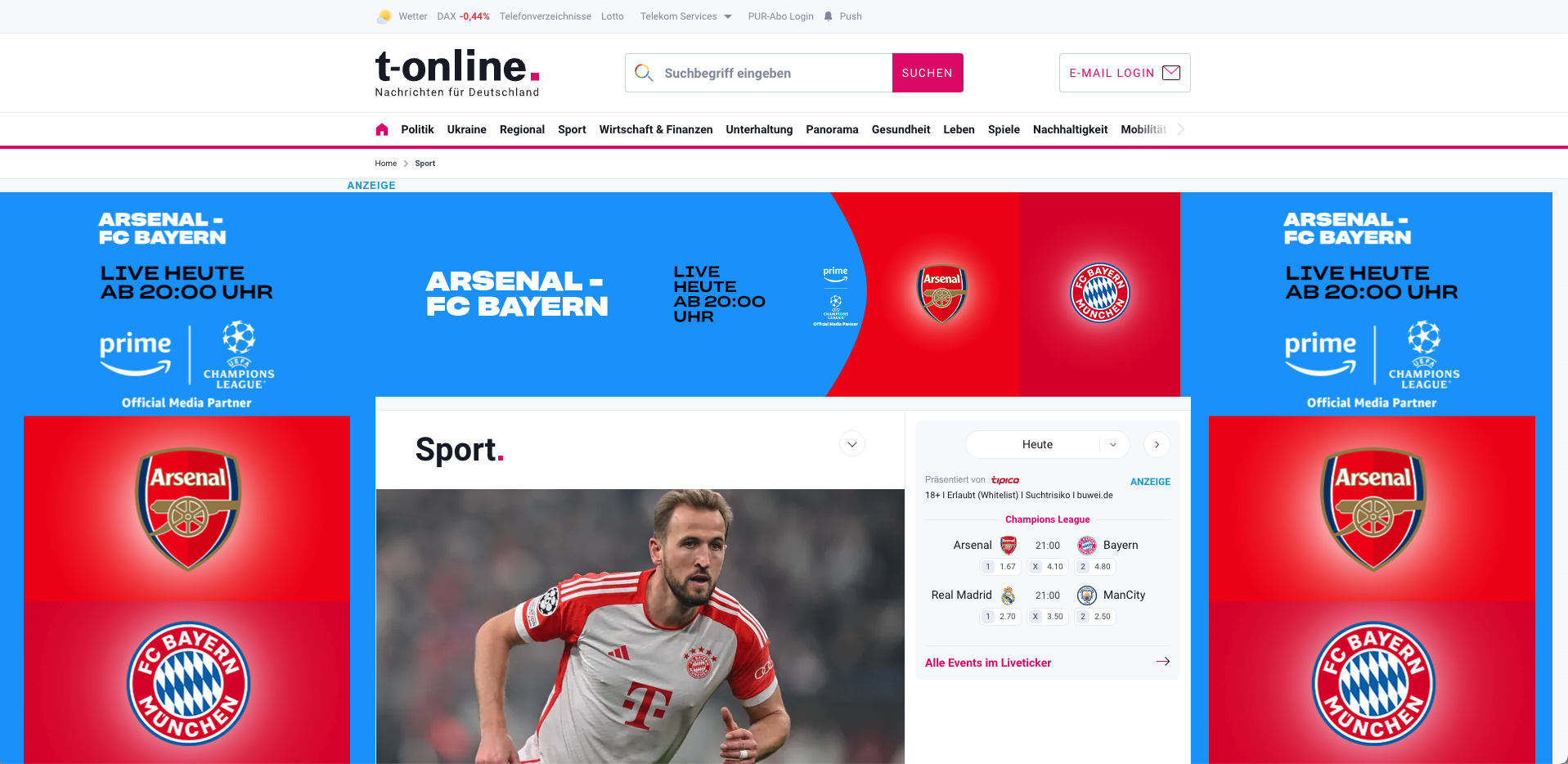 Screenshot of Amazon Prime Champions League ad t-online.de