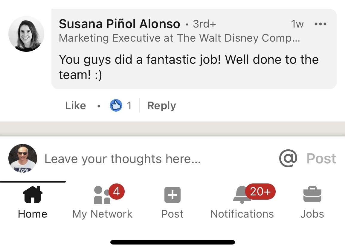 LinkedIn screenshot showing positive comments from professionals, including a Disney executive